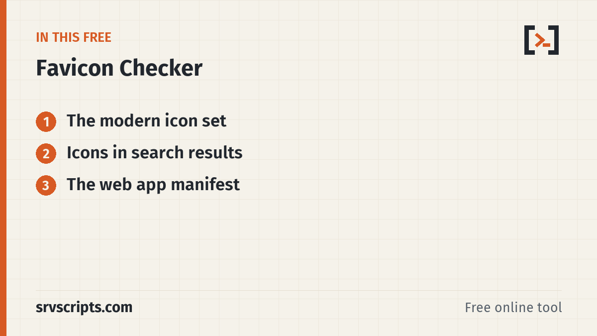 Favicon Checker sections: The modern icon set, Icons in search results and The web app manifest