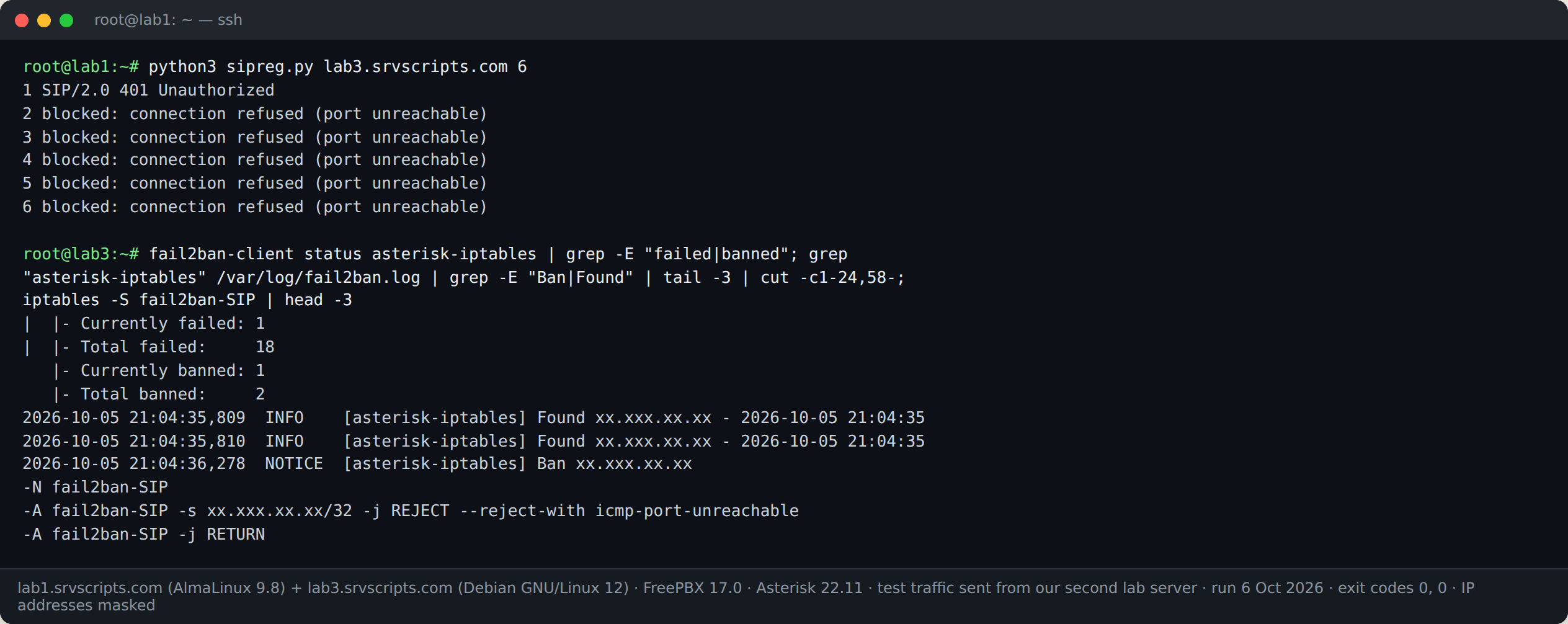 Terminal: fail2ban banning the test source on FreePBX 17 after the logger fix. 6 Oct 2026, IP addresses masked.