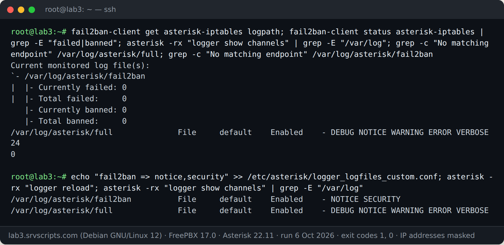 Terminal: Before and after on FreePBX 17 (open-source only): the jail watched a log Asterisk no longer wrote; after the fix the channel logs NOTICE and SECURITY. 6 Oct 2026, IP addresses masked.