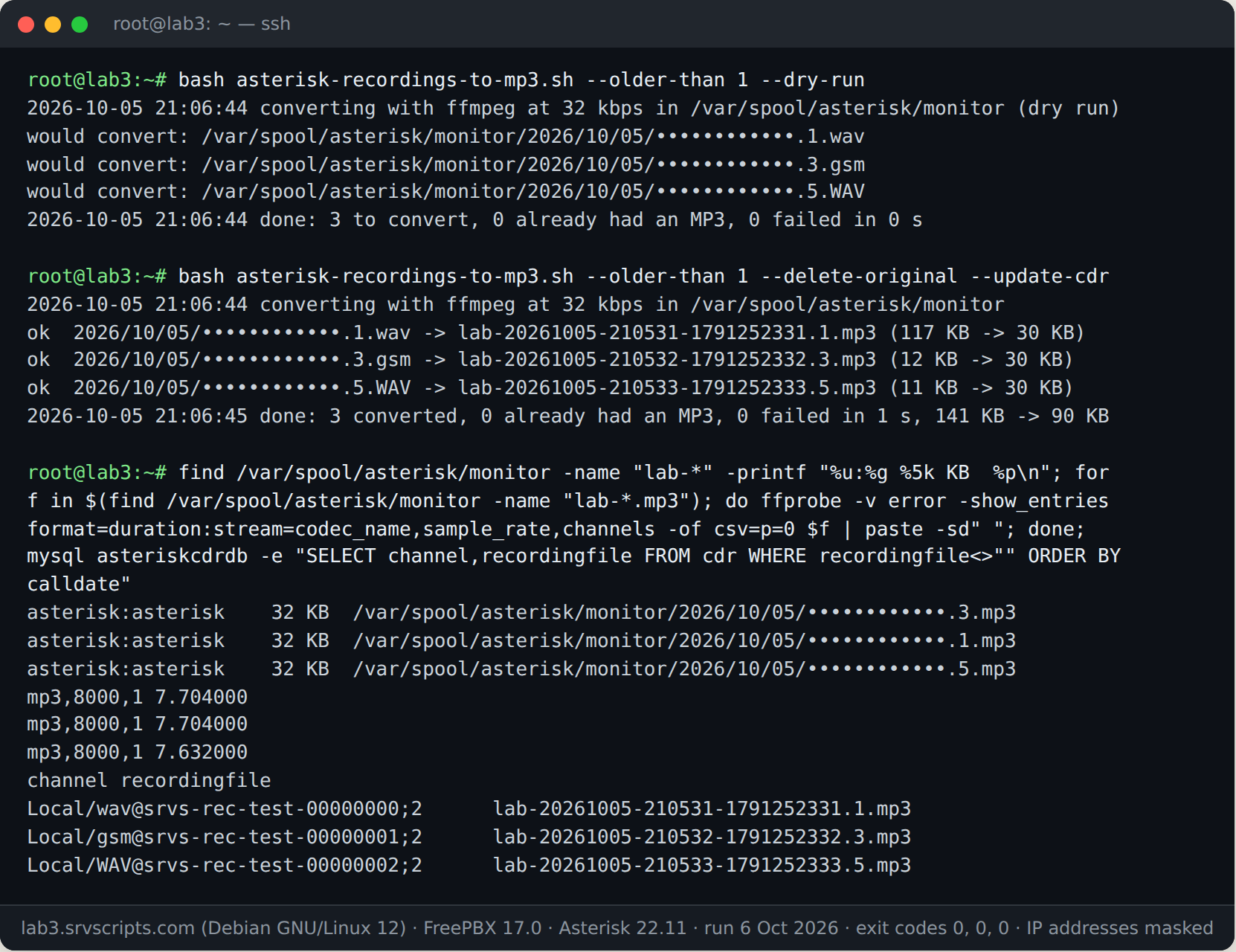 Terminal: Dry run, conversion with --delete-original --update-cdr, then the files, MP3 details and call-log rows. FreePBX 17, 6 Oct 2026.