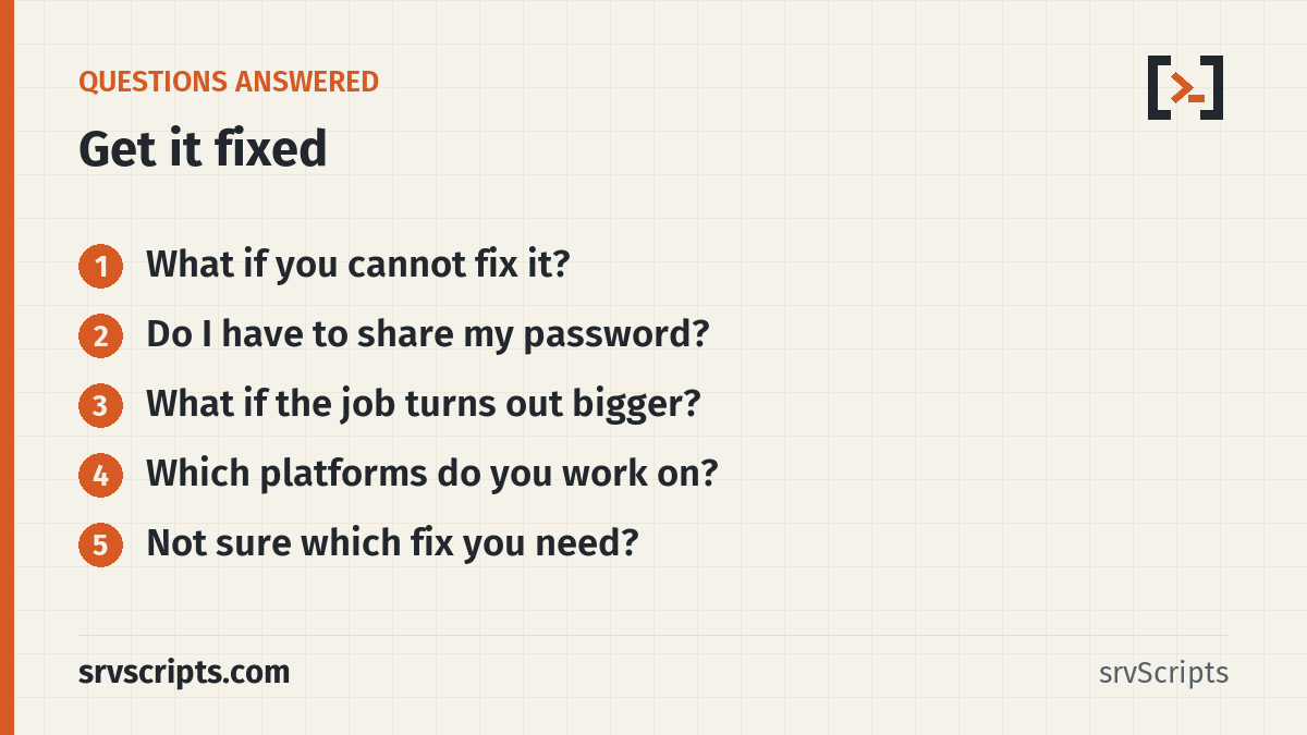 Get it fixed questions answered: What if you cannot fix it? Do I have to share my password?