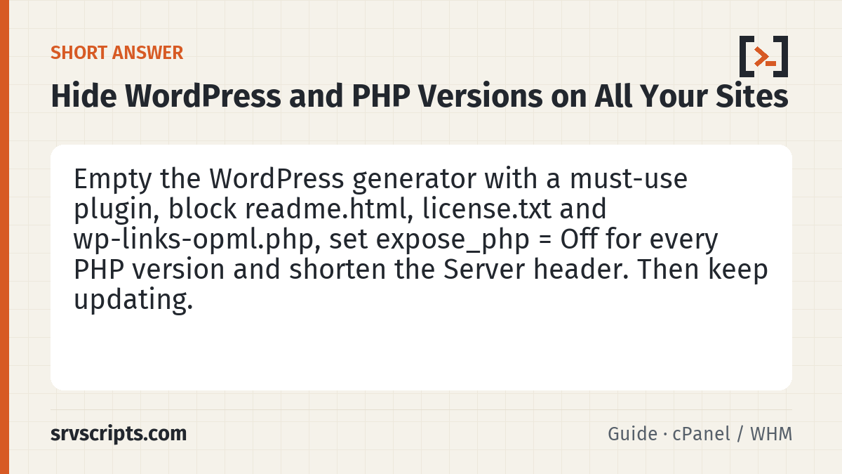 Hide WordPress and PHP Versions on All Your Sites summary card: Empty the WordPress generator with a must-use plugin, block readme.html, license.txt and wp-links-opml.php, set expose_php = Off for every PHP version and shorten the Server header. Then keep updating.