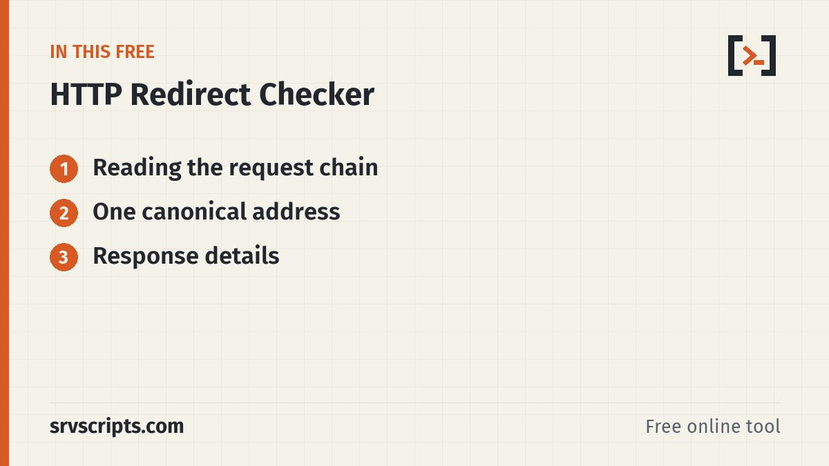HTTP Redirect Checker sections: Reading the request chain, One canonical address and Response details