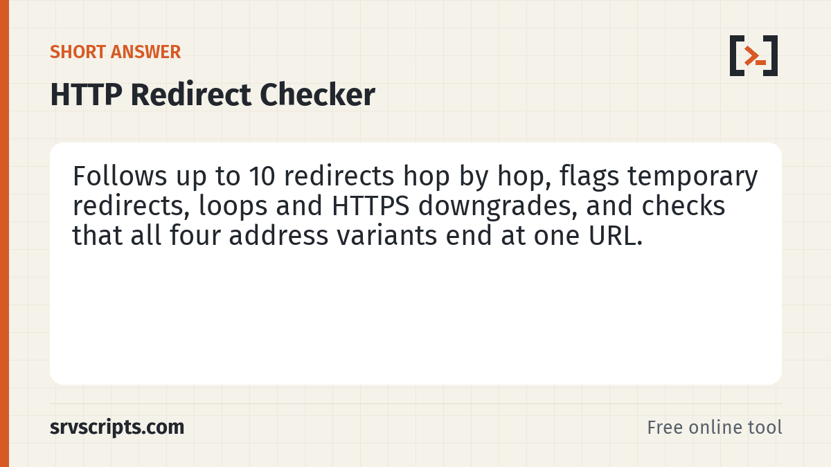 HTTP Redirect Checker summary card: Enter a URL to follow it hop by hop: each redirect with its status code, target, response time and IP, then the final…