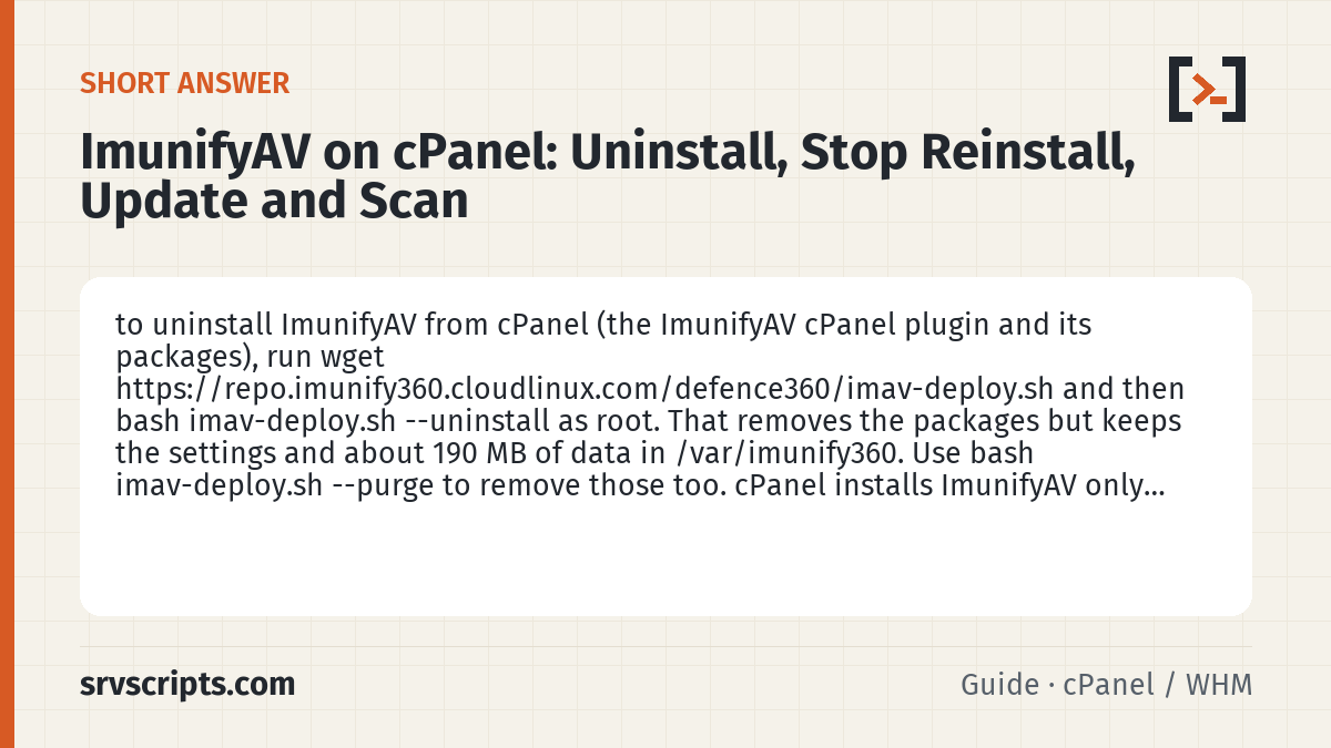 ImunifyAV cPanel Uninstall, Update and Scan Commands – summary card