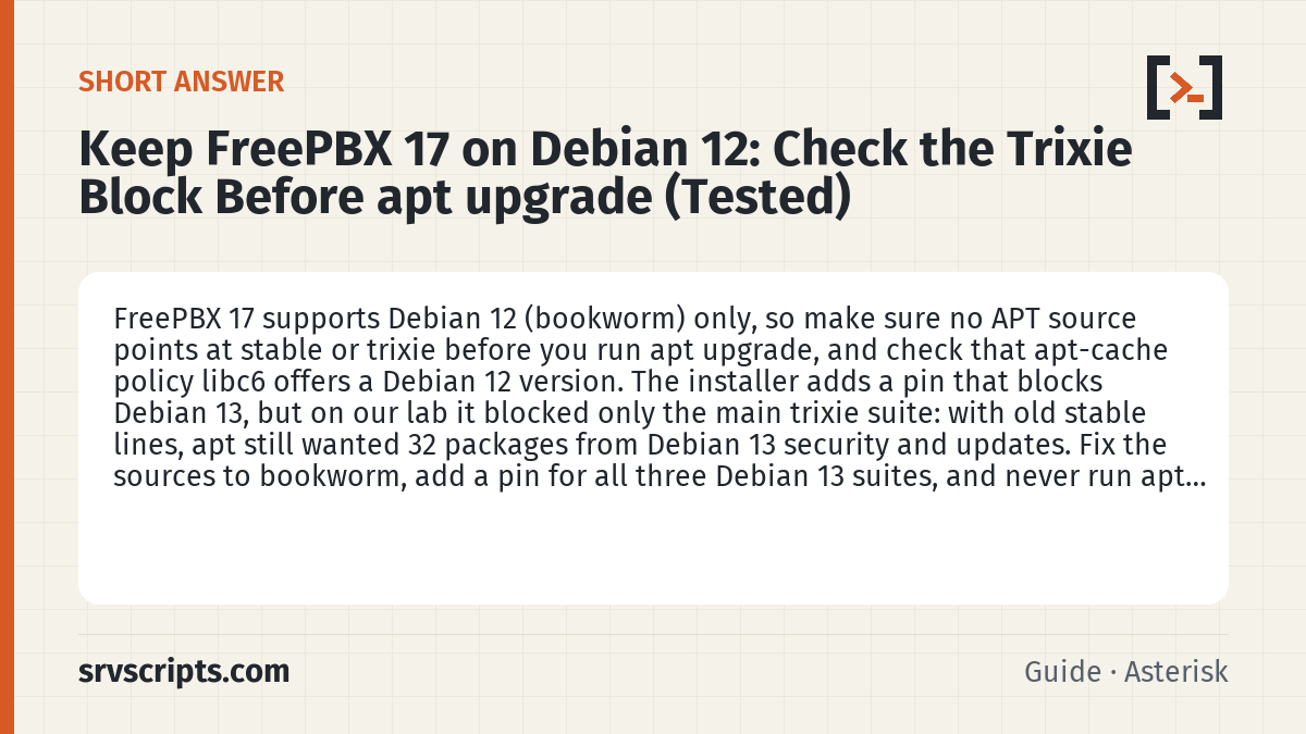 Keep FreePBX 17 on Debian 12: Check the Trixie Block Before apt upgrade (Tested) summary card: FreePBX 17 supports Debian 12 (bookworm) only, so make sure no APT source points at stable or trixie before you run apt…