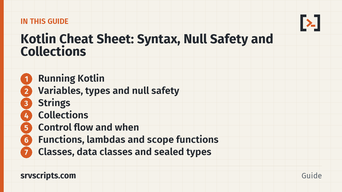 Kotlin Cheat Sheet – what this guide covers