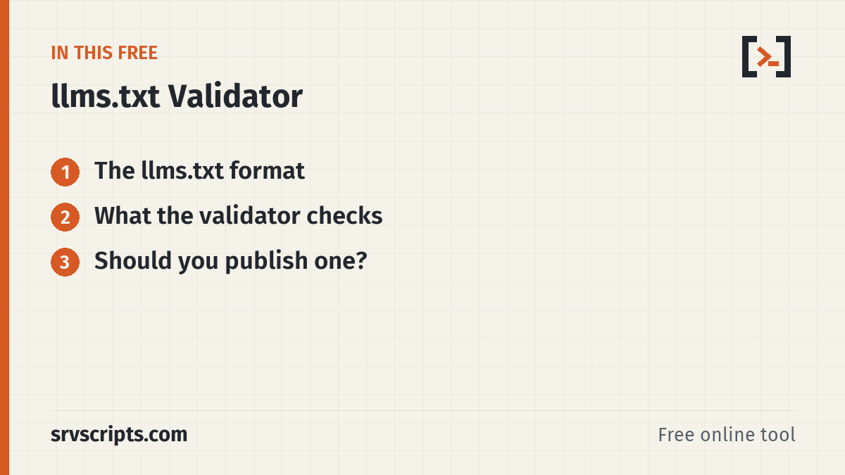 llms.txt Validator sections: The llms.txt format, What the validator checks and Should you publish one?