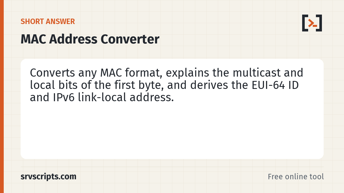 MAC Address Converter summary card: Paste a MAC address in any format, with colons, hyphens, dots or no separators, and get it back in every common format…