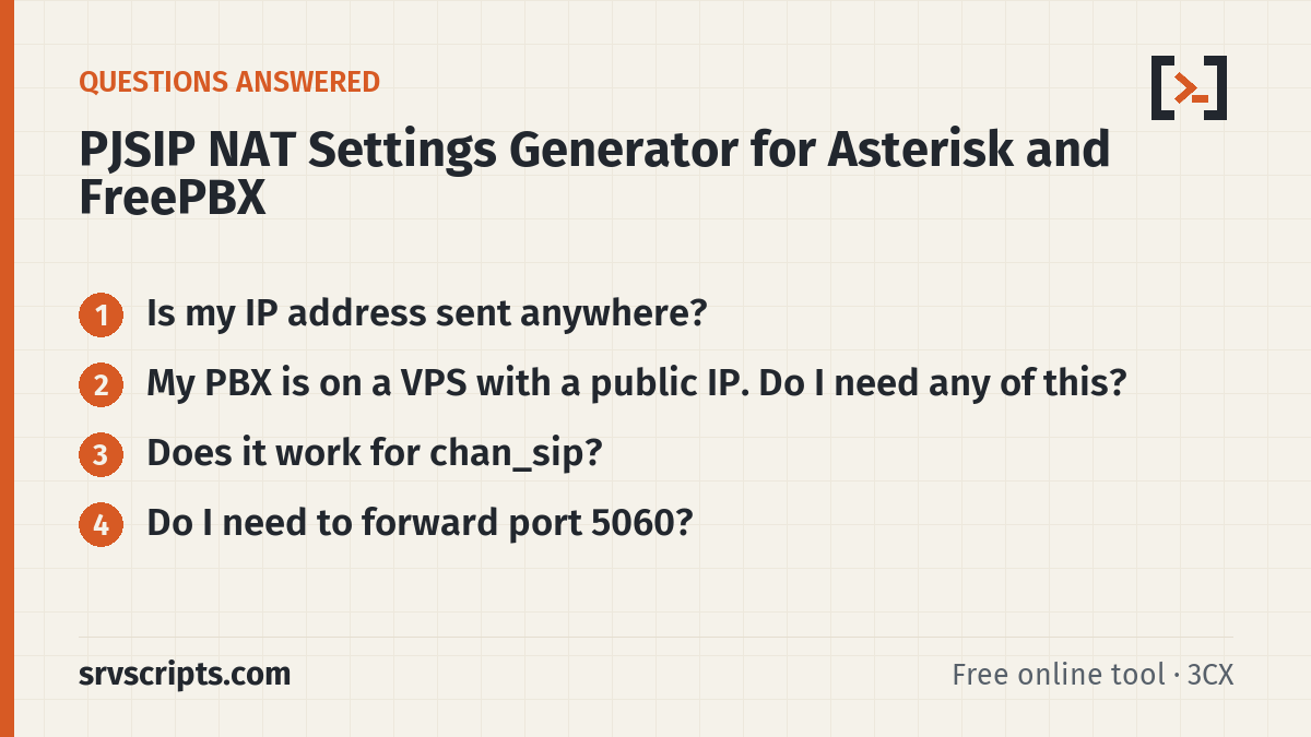 PJSIP NAT generator questions answered: Is my IP address sent anywhere? My PBX is on a VPS with a public IP. Do I need any of this?
