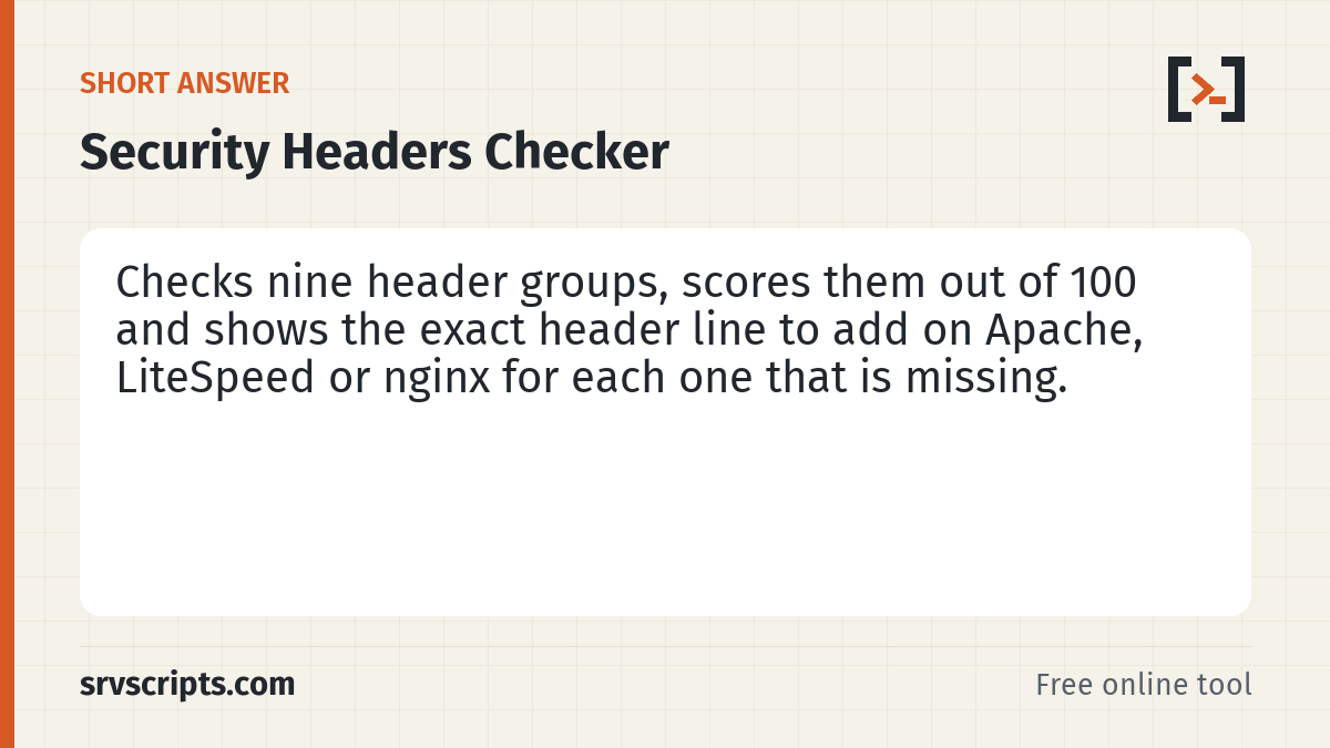 Security Headers Checker summary card: Security headers tell the browser how to treat your pages: only over HTTPS, never inside another site's frame, without…