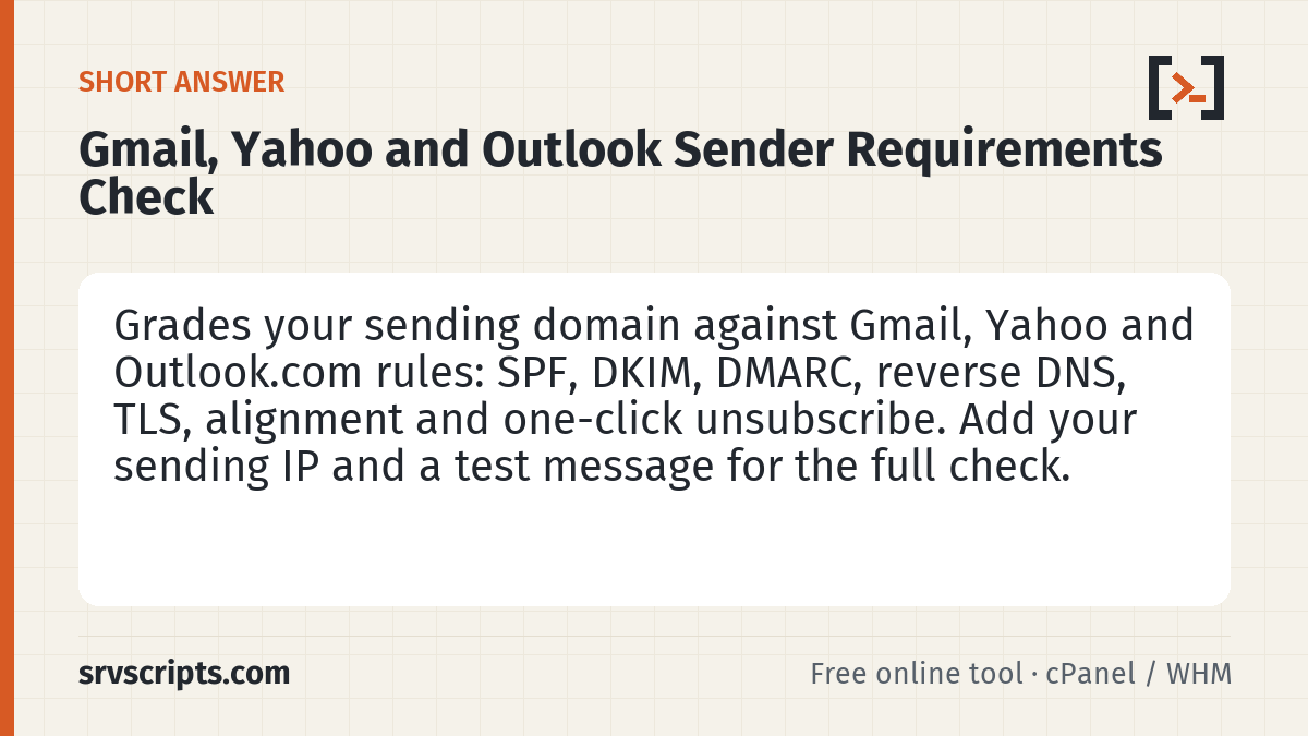 Sender requirements check summary: SPF, DKIM, DMARC, reverse DNS, TLS, alignment and one-click unsubscribe for Gmail, Yahoo and Outlook.com