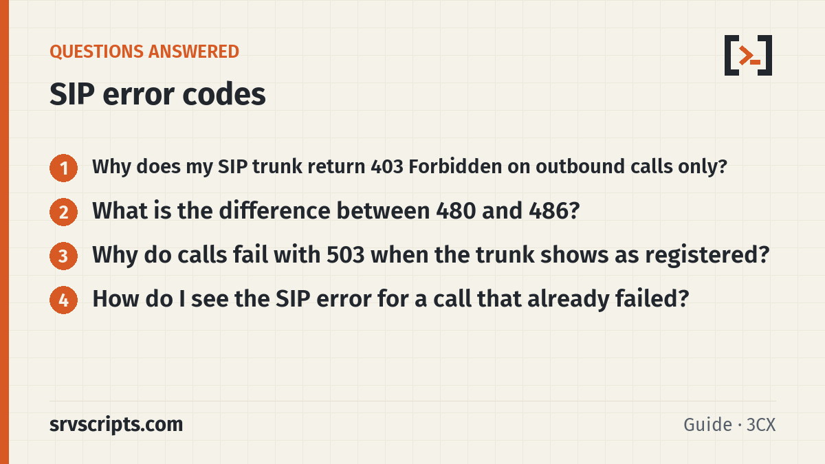 SIP Error Codes on Asterisk and FreePBX questions answered: Why does my SIP trunk return 403 Forbidden on outbound calls only? What is the difference between 480 and 486?