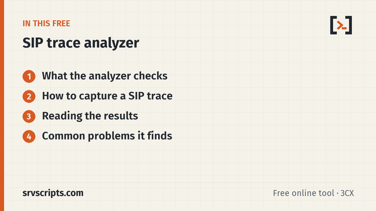 SIP Trace Analyzer sections: What the analyzer checks, How to capture a SIP trace, Reading the results and Common problems it finds