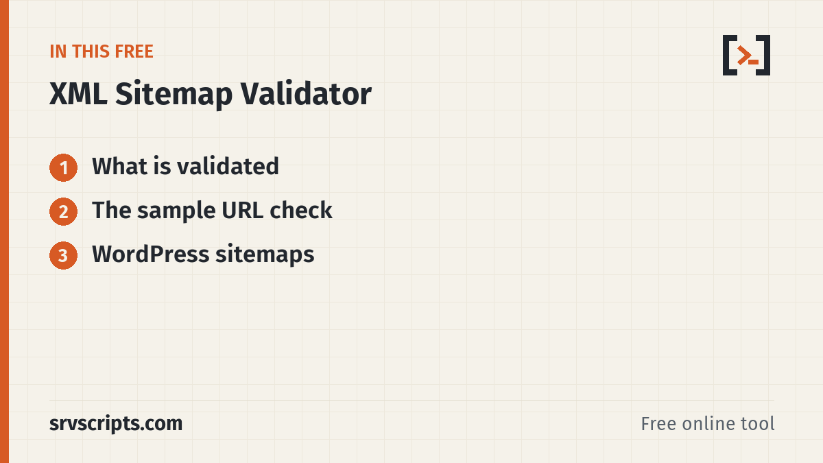 XML Sitemap Validator sections: What is validated, The sample URL check and WordPress sitemaps
