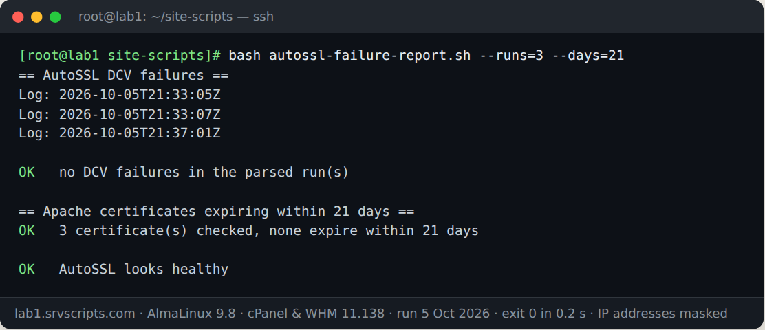 Terminal output of bash autossl-failure-report.sh --runs=3 --days=21 on AlmaLinux 9.8 with cPanel and WHM 11.138