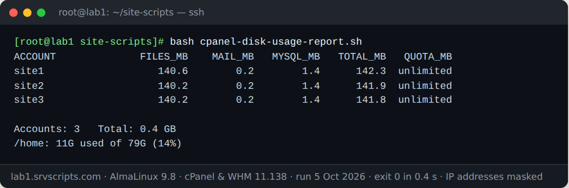Terminal output of bash cpanel-disk-usage-report.sh on AlmaLinux 9.8 with cPanel and WHM 11.138