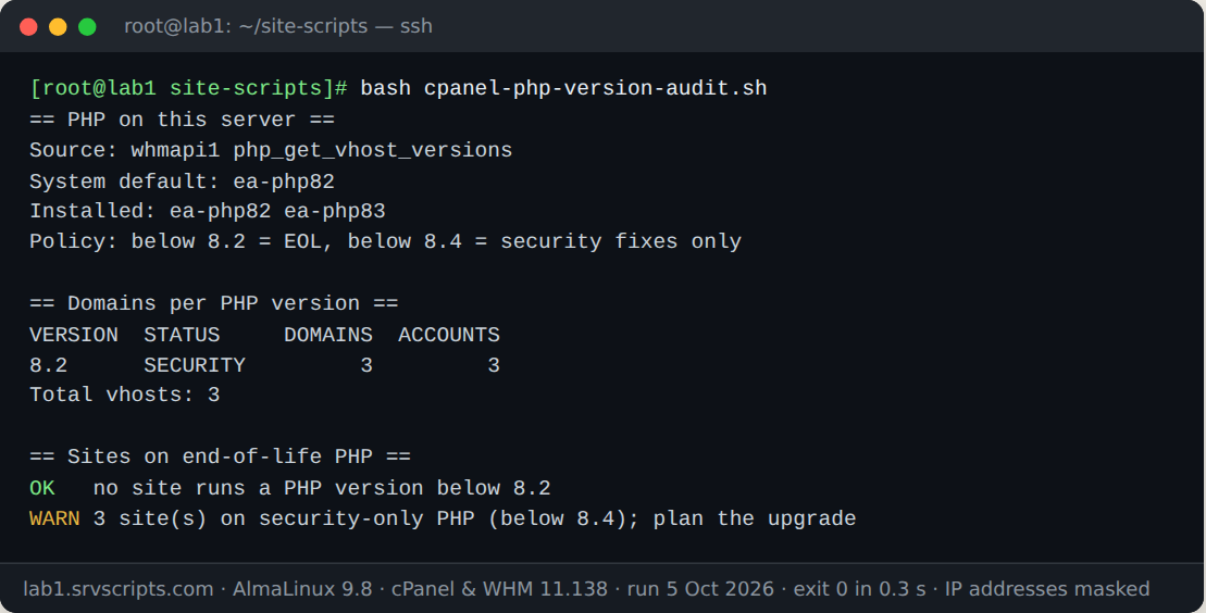 Terminal output of bash cpanel-php-version-audit.sh on AlmaLinux 9.8 with cPanel and WHM 11.138