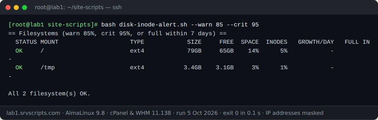 Terminal output of bash disk-inode-alert.sh --warn 85 --crit 95 on AlmaLinux 9.8 with cPanel and WHM 11.138