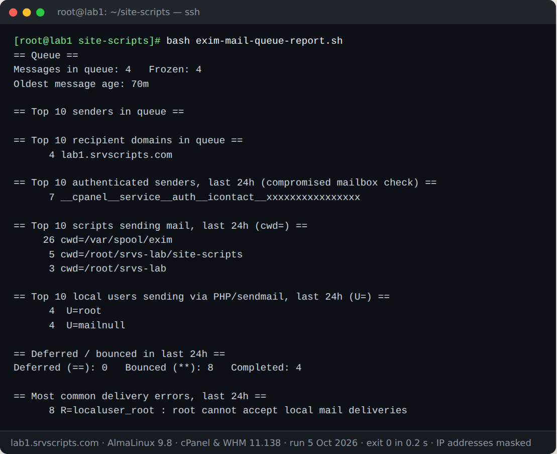 Terminal output of bash exim-mail-queue-report.sh on AlmaLinux 9.8 with cPanel and WHM 11.138