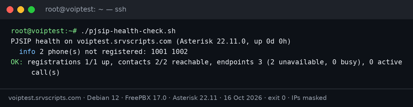 PJSIP health check: terminal output of ./pjsip-health-check.sh on Debian 12 with FreePBX 17 and Asterisk 22.11