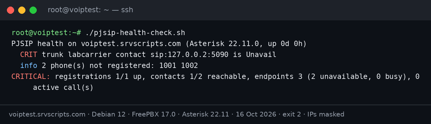 PJSIP health check: terminal output of ./pjsip-health-check.sh on Debian 12 with FreePBX 17 and Asterisk 22.11
