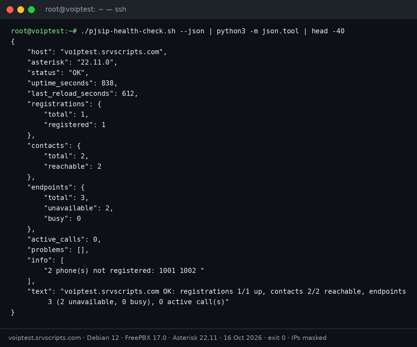 PJSIP health check: terminal output of ./pjsip-health-check.sh --json | python3 -m json.tool | head -40 on Debian 12 with FreePBX 17 and Asterisk 22.11