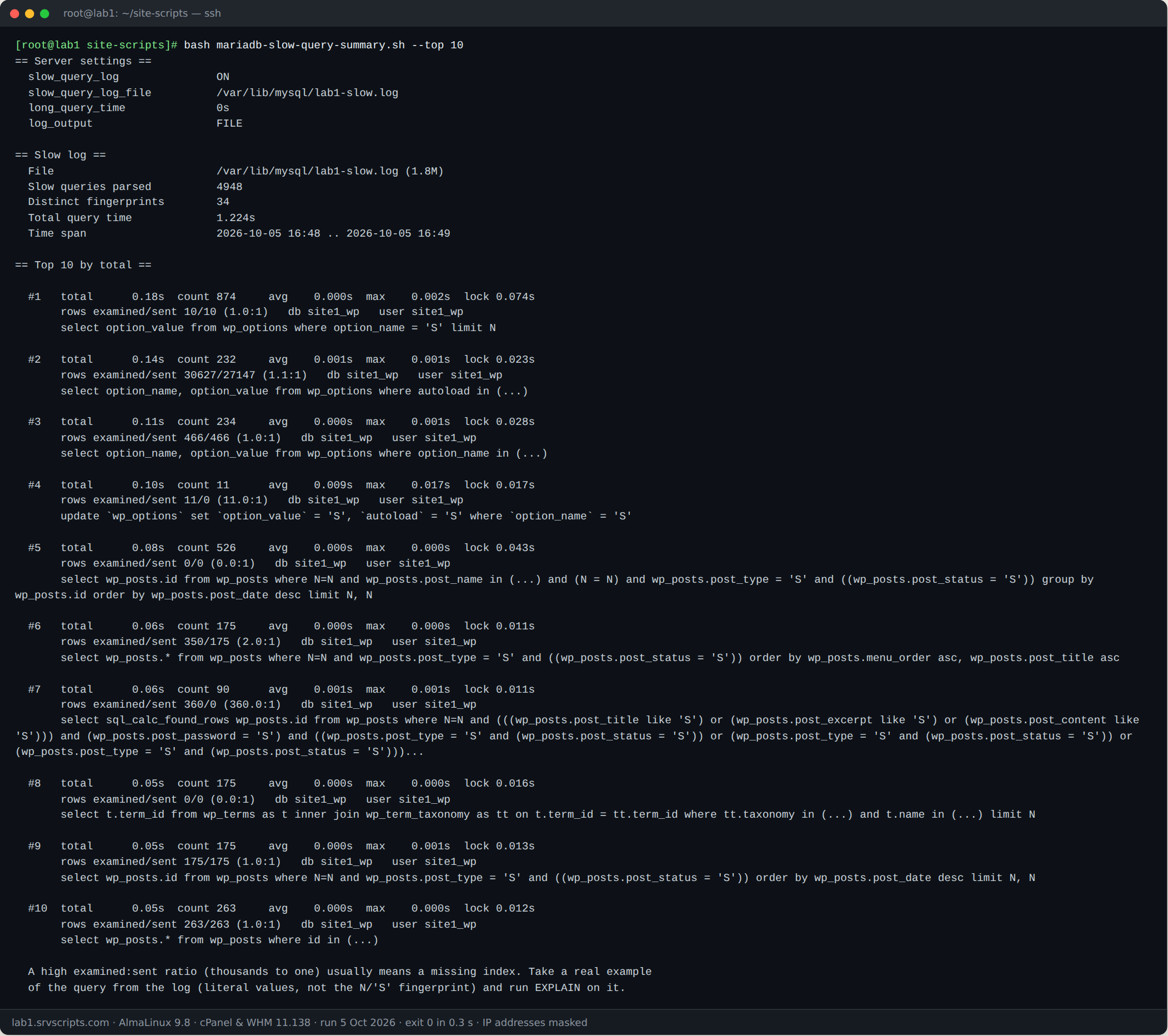Terminal output of bash mariadb-slow-query-summary.sh --top 10 on AlmaLinux 9.8 with cPanel and WHM 11.138