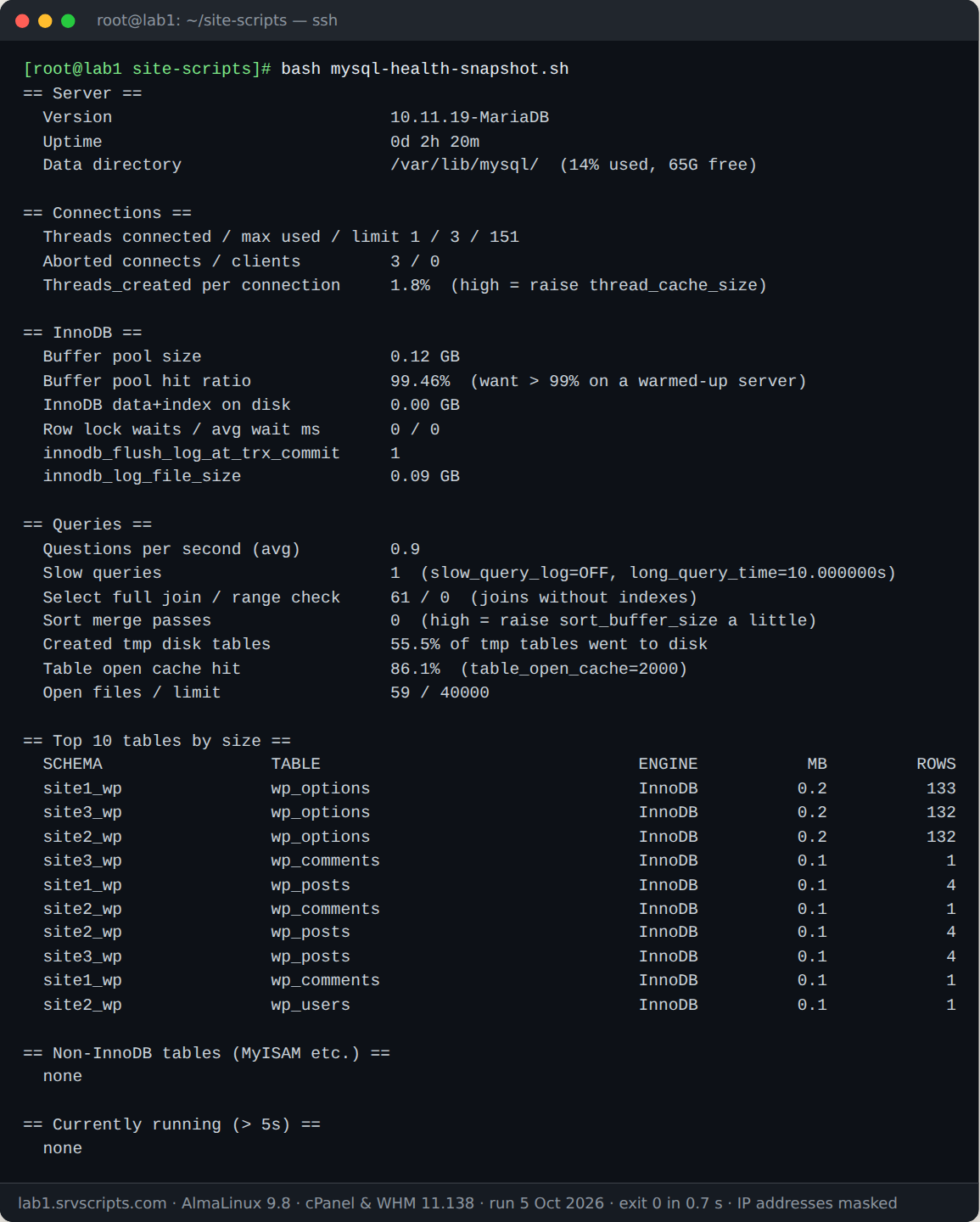 Terminal output of bash mysql-health-snapshot.sh on AlmaLinux 9.8 with cPanel and WHM 11.138