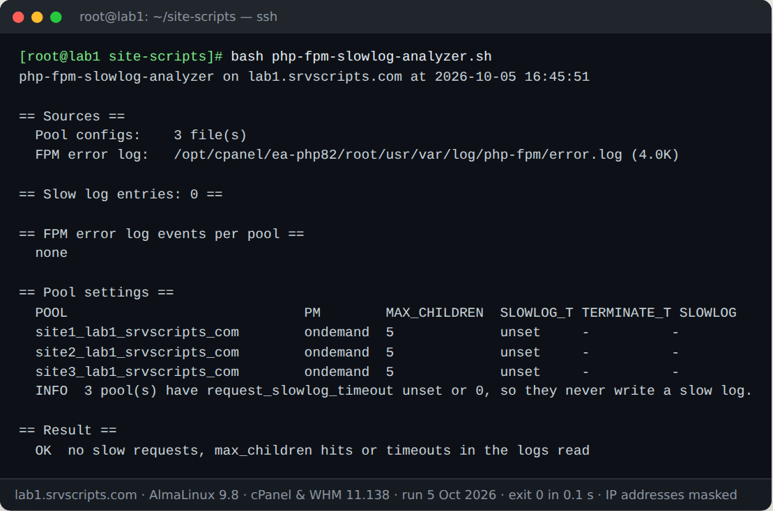 Terminal output of bash php-fpm-slowlog-analyzer.sh on AlmaLinux 9.8 with cPanel and WHM 11.138