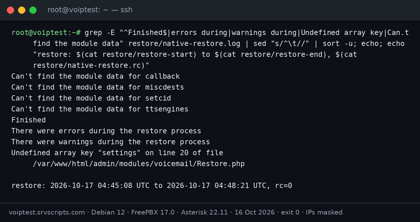 Restore FreePBX backup to new server: fwconsole backup --restore finished in 3 minutes with exit code 0 but reported a voicemail error and four modules without data