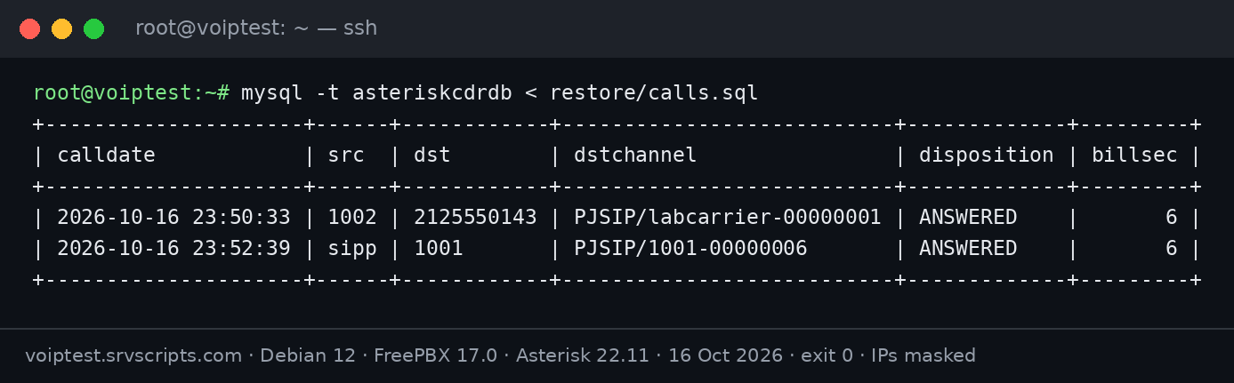 CDR after the FreePBX restore on the new server: an outbound call through the trunk and an inbound DID call to extension 1001, both answered