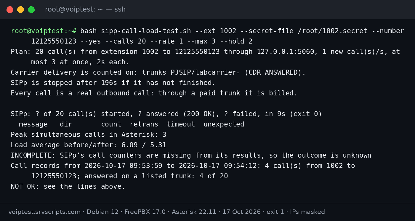 SIPp call load test 1.0.1: terminal output of bash sipp-call-load-test.sh --ext 1002 --secret-file /root/1002.secret --number 12125550123 --yes --calls 20 --rate 1 --max 3 --hold 2 after SIPp was stopped from another shell: INCOMPLETE, exit 1