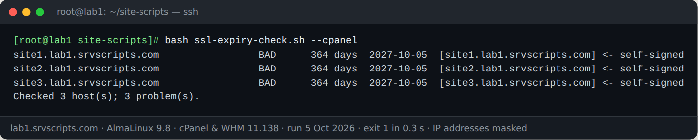 Terminal output of bash ssl-expiry-check.sh --cpanel on AlmaLinux 9.8 with cPanel and WHM 11.138