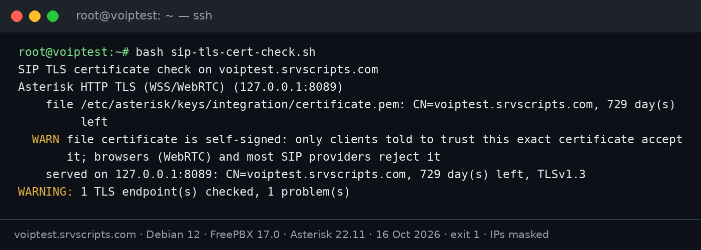 SIP TLS certificate check output on a fresh FreePBX 17: the WSS certificate on port 8089 is self-signed