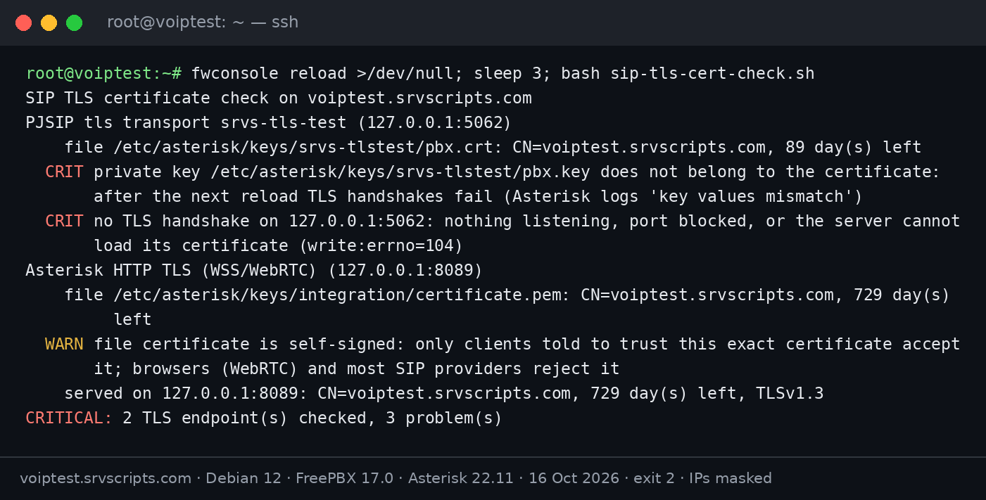SIP TLS certificate check output: the private key does not belong to the certificate and, after a reload, the PJSIP TLS port completes no TLS handshake