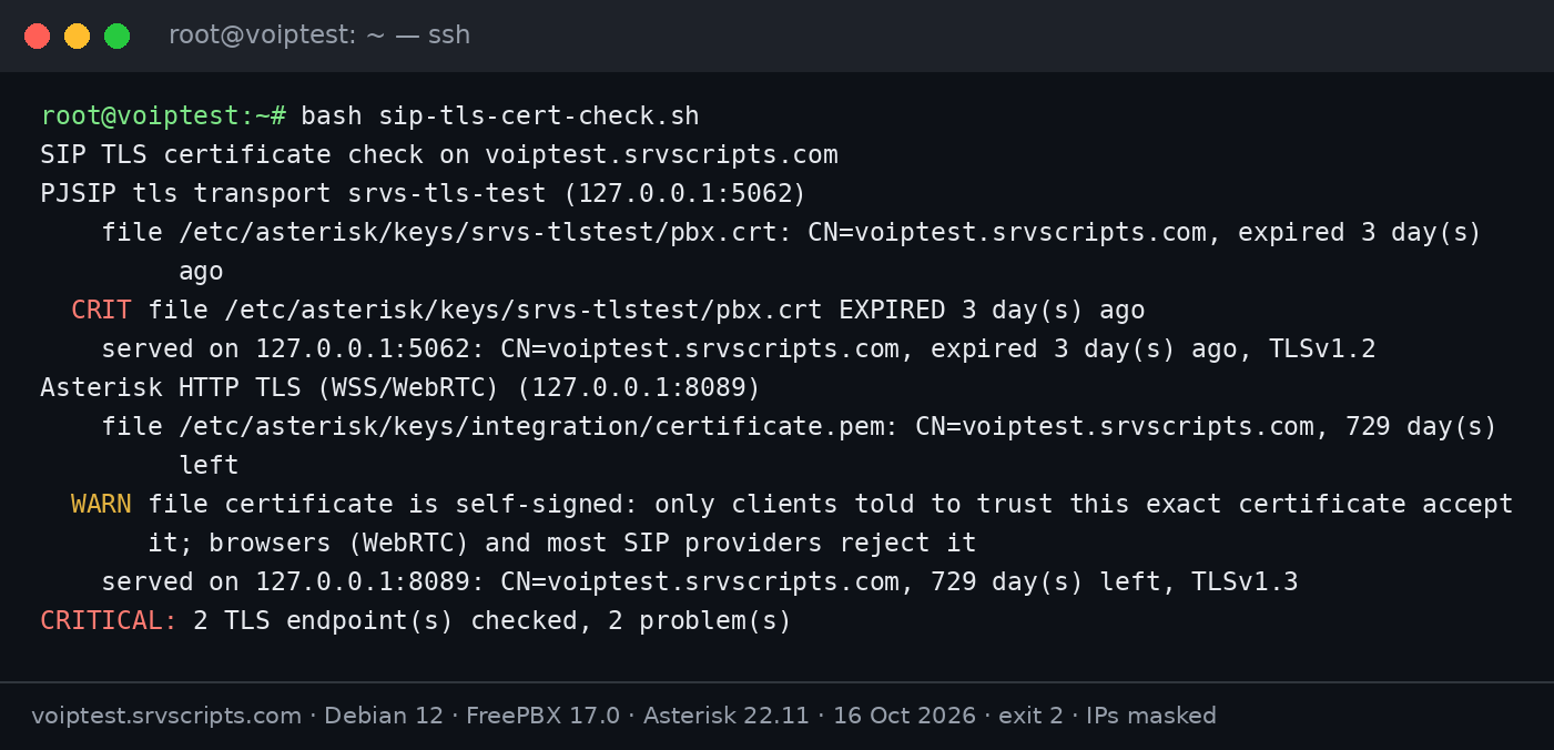 SIP TLS certificate check output: the PJSIP TLS transport serves a certificate that expired 3 days ago, CRITICAL