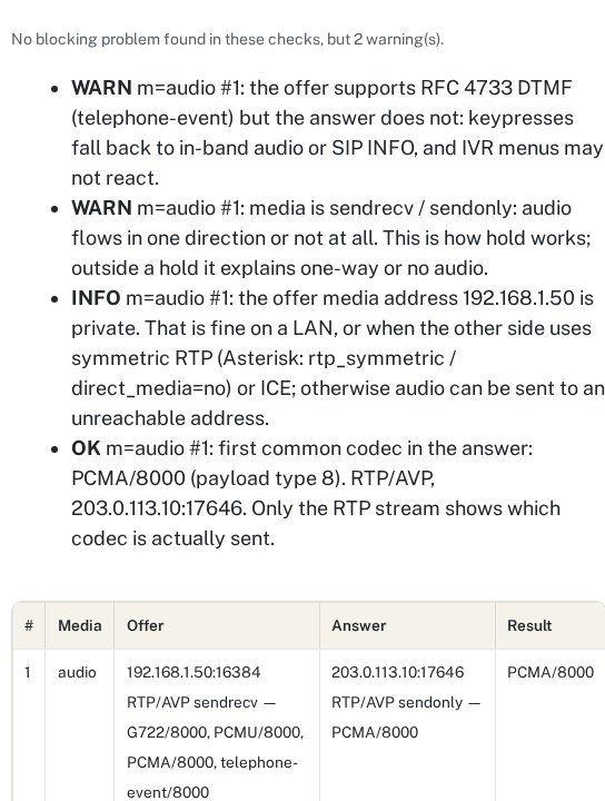 SDP offer/answer comparator result for the built-in example: PCMA as the first common codec, a DTMF warning, a sendrecv/sendonly hold warning and a private media address note
