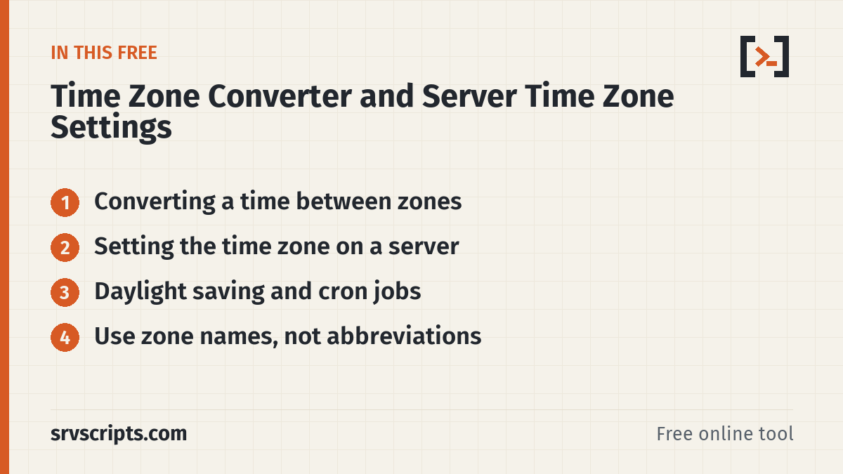 Time Zone Converter and Server Time Zone Settings sections: Converting a time between zones, Setting the time zone on a server, Daylight saving and cron jobs and Use zone names…