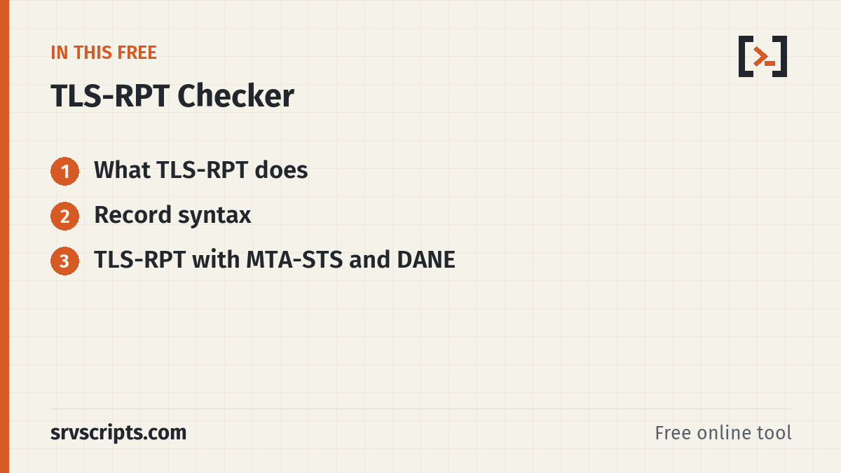 TLS-RPT Checker sections: What TLS-RPT does, Record syntax and TLS-RPT with MTA-STS and DANE