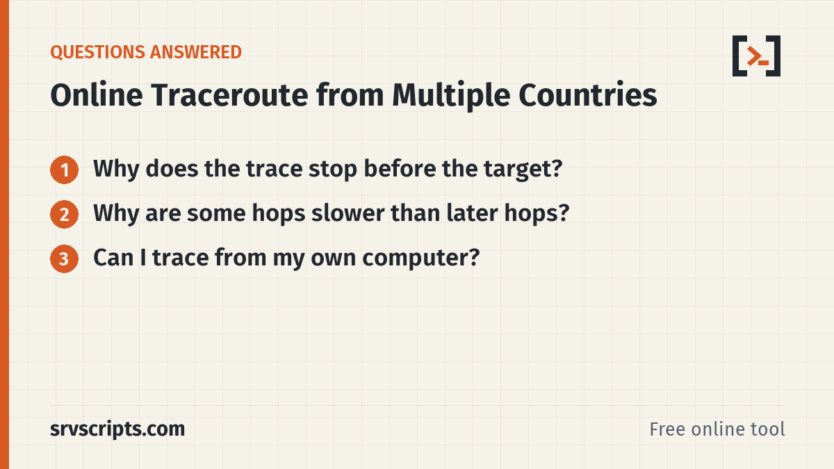 Online Traceroute from Multiple Countries questions answered: Why does the trace stop before the target? Why are some hops slower than later hops?