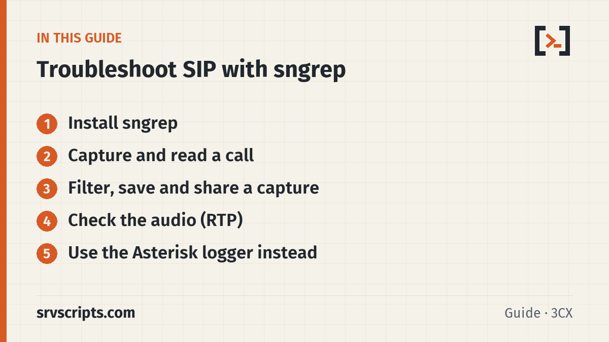 Troubleshoot SIP Calls with sngrep and the Asterisk PJSIP Lo sections: Install sngrep, Capture and read a call, Filter, save and share a capture and Check the audio (RTP)