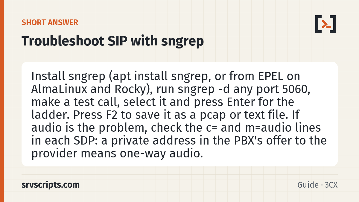 Troubleshoot SIP Calls with sngrep and the Asterisk PJSIP Lo summary card: Install sngrep (apt install sngrep, or from EPEL on AlmaLinux and Rocky), run sngrep -d any port 5060, make a test…