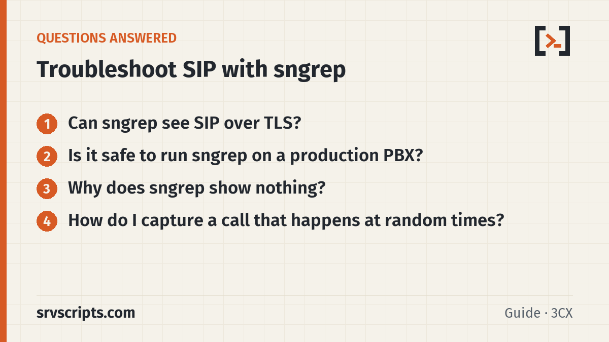 Troubleshoot SIP Calls with sngrep and the Asterisk PJSIP Lo questions answered: Can sngrep see SIP over TLS? Is it safe to run sngrep on a production PBX?
