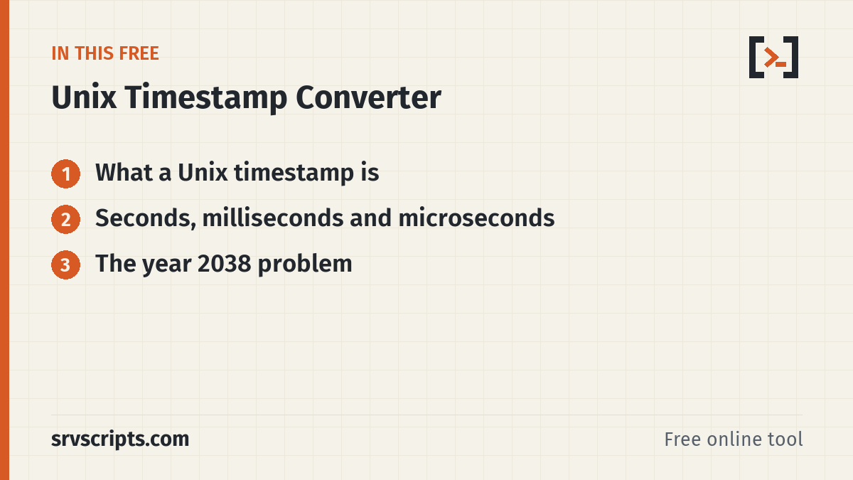 Unix Timestamp Converter sections: What a Unix timestamp is, Seconds, milliseconds and microseconds and The year 2038 problem
