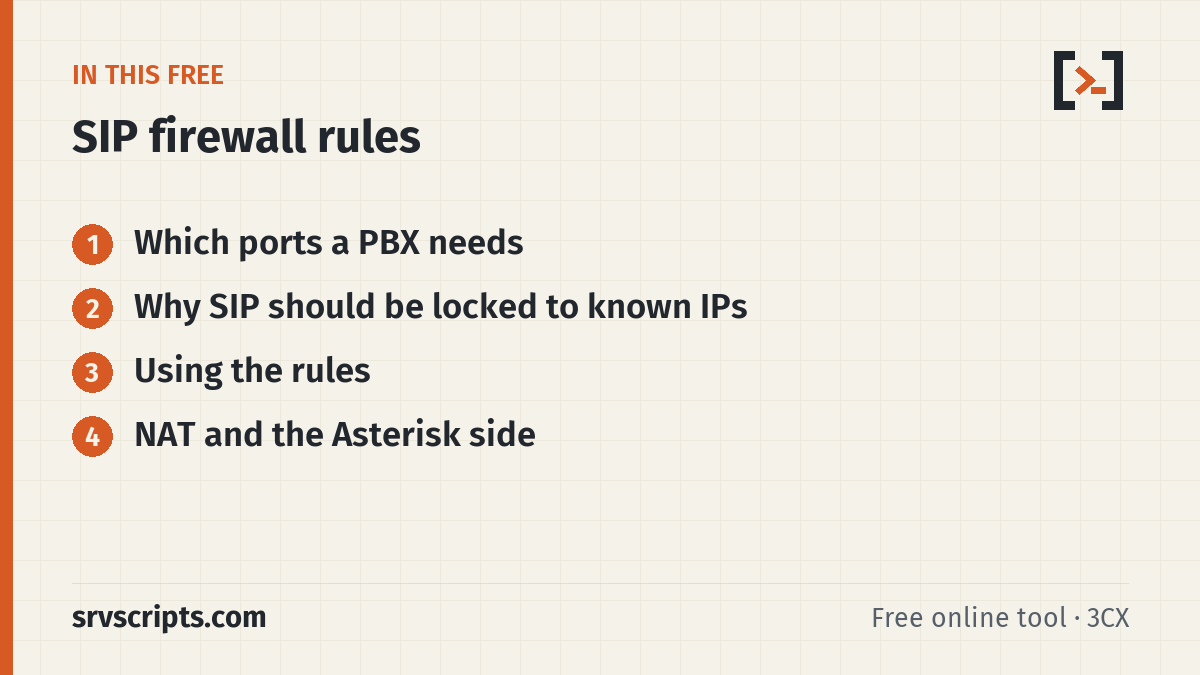 SIP Firewall Rules Generator sections: Which ports a PBX needs, Why SIP should be locked to known IPs, Using the rules and NAT and the Asterisk side