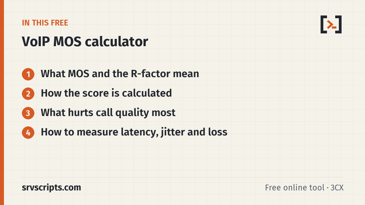 VoIP MOS Calculator sections: What MOS and the R-factor mean, How the score is calculated, What hurts call quality most and How to measure latency…