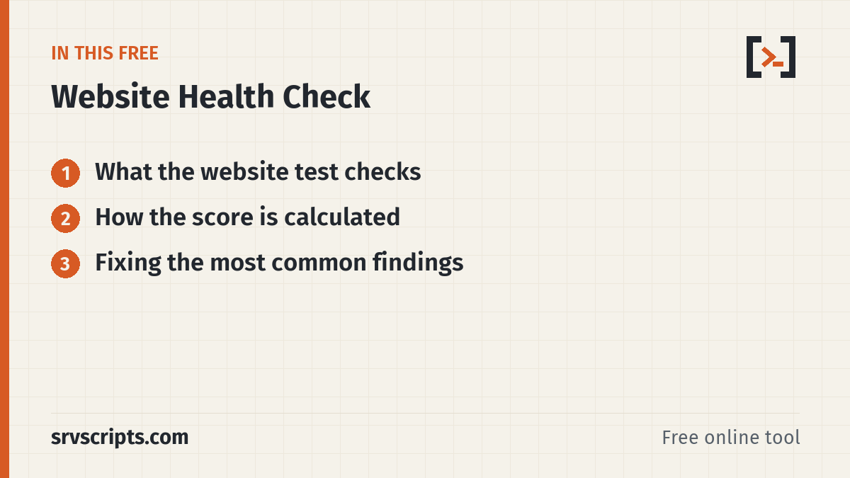 Website Health Check sections: What the website test checks, How the score is calculated and Fixing the most common findings