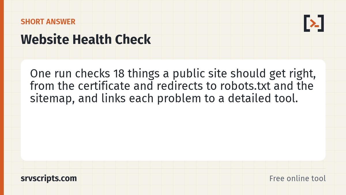Website Health Check summary card: Enter a domain to test the things every public website should get right: a trusted certificate, one canonical https://…